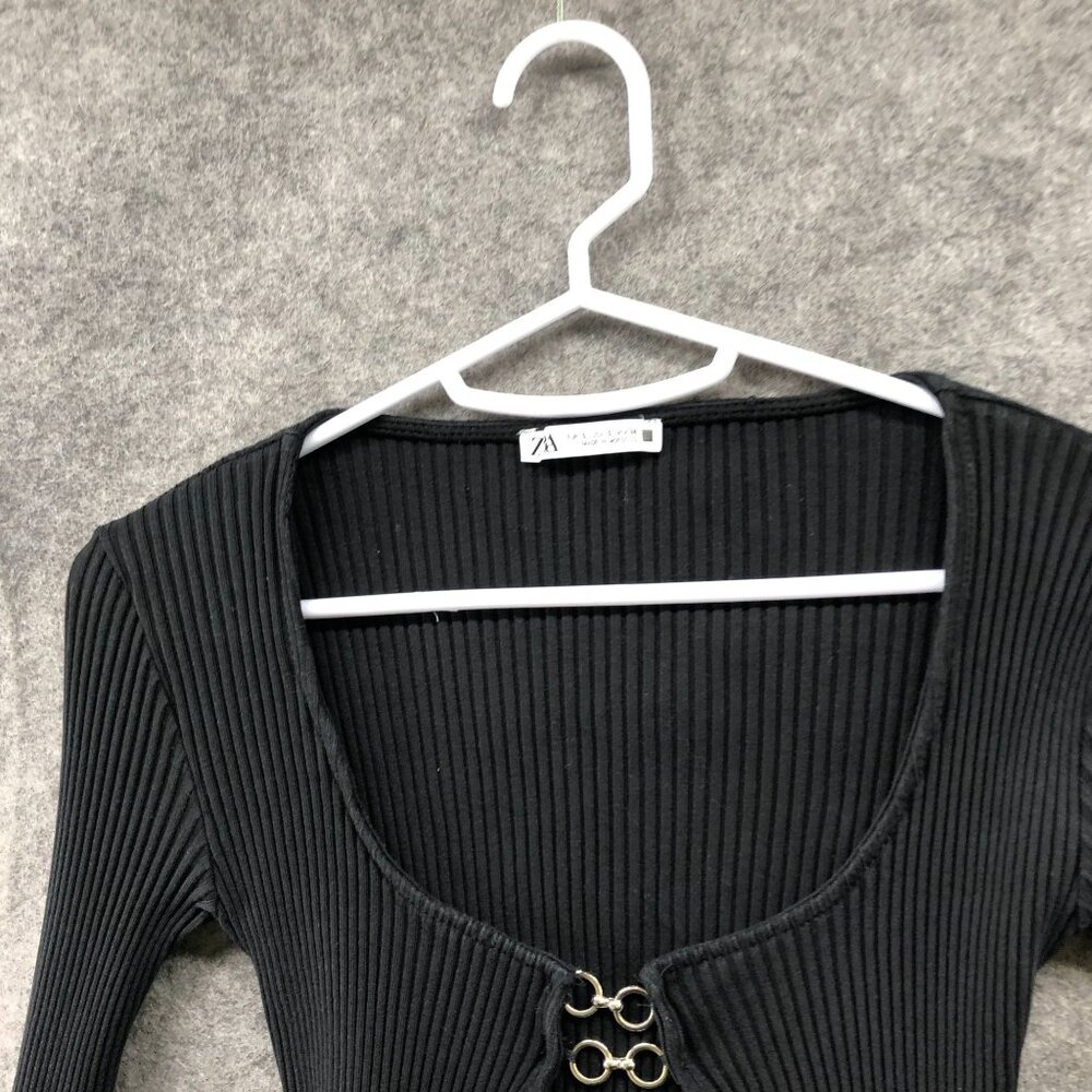 Zara Cropped Cardigan Womens S Black Metal Closure Ribbed Long Sleeve Fitted - Picture 3 of 8